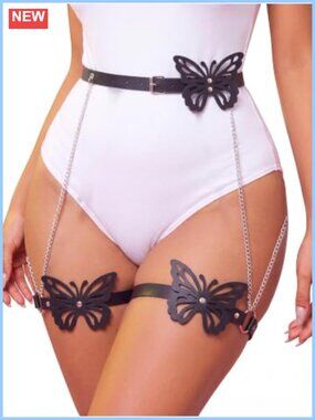 Leather Butterfly Thigh Harness Goth Garter Belt Rivet Rave Cosplay